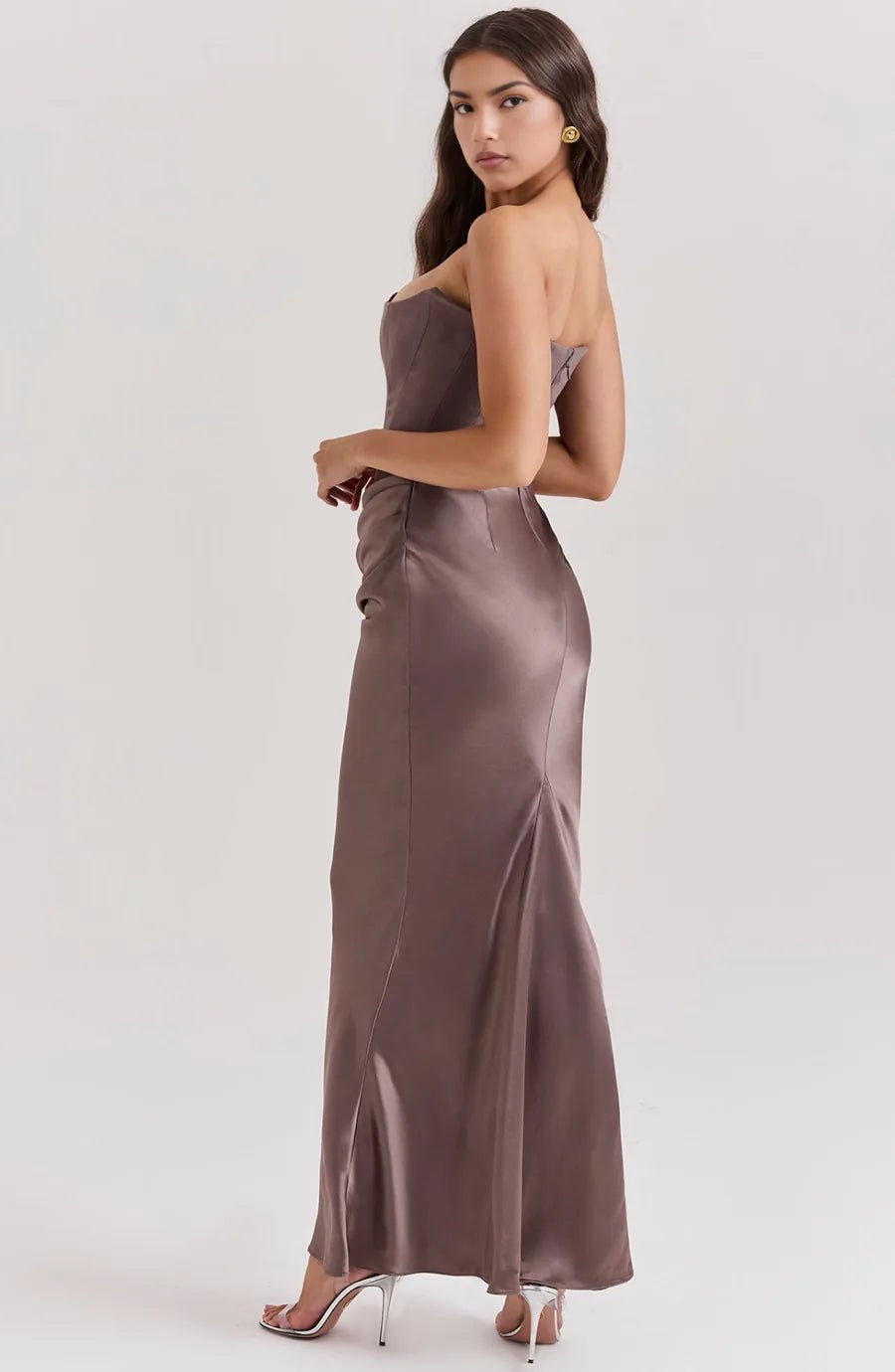 Ruby | Elegant Strapless Satin Maxi Dress with Sweetheart Neckline - Brown - 19