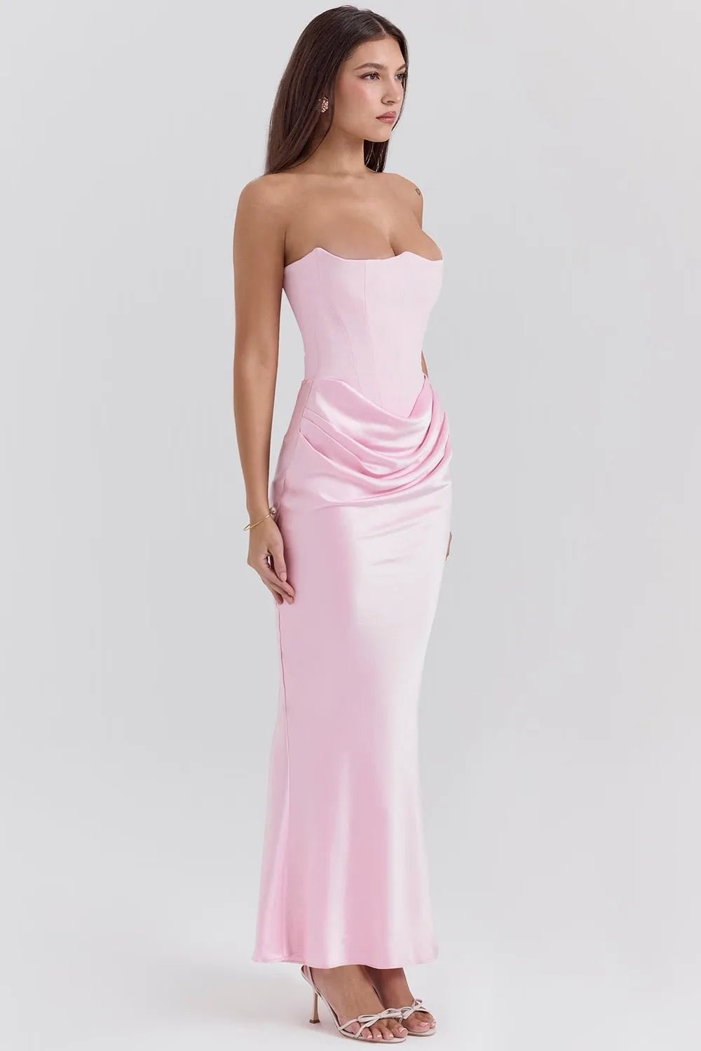Ruby | Elegant Strapless Satin Maxi Dress with Sweetheart Neckline - Light Pink - 4