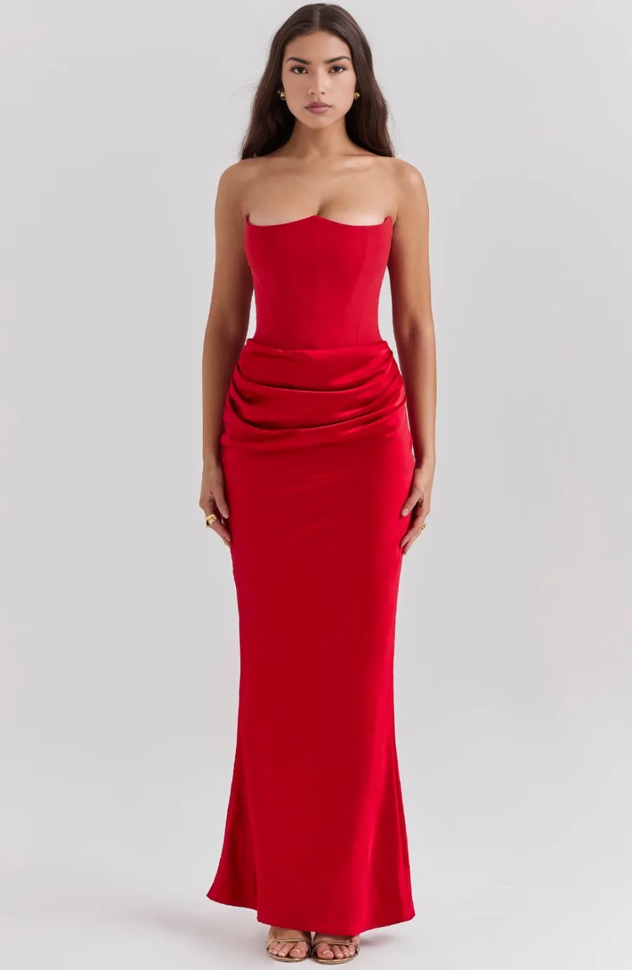 Ruby | Elegant Strapless Satin Maxi Dress with Sweetheart Neckline - Red - 15