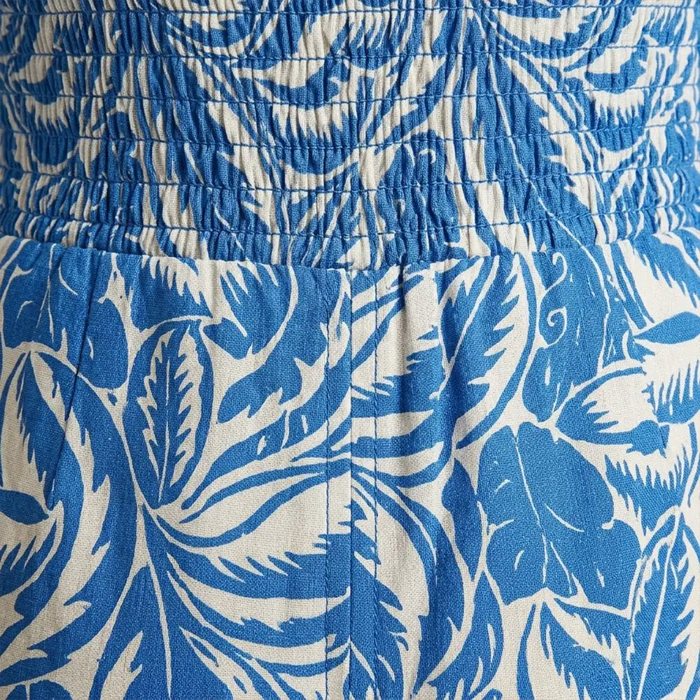 Blue Women's Strapless Wide-Leg Jumpsuit — Serena Smocked Bohemian Printed - Close Up Bodice