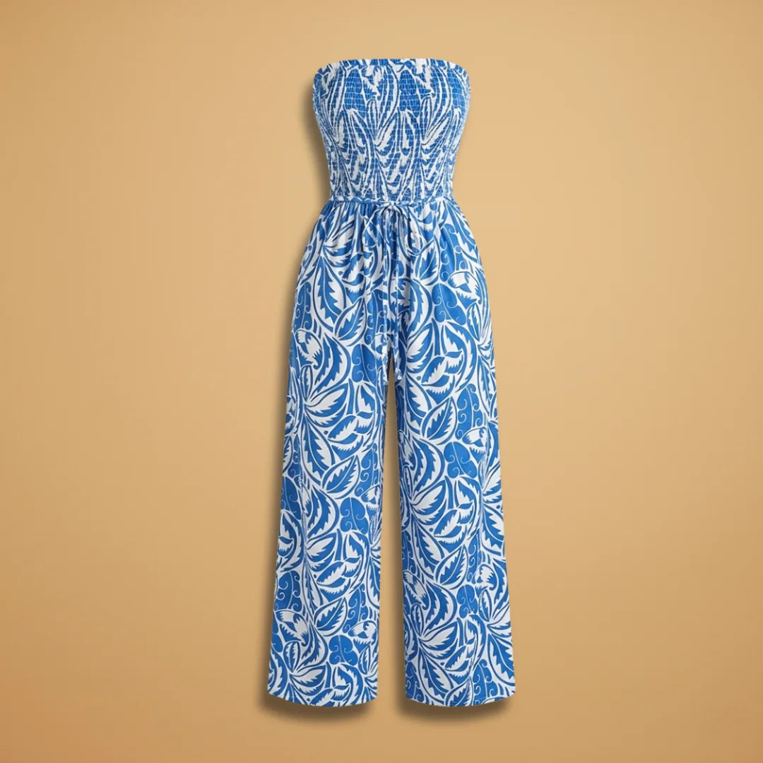 Blue Women's Strapless Wide-Leg Jumpsuit — Serena Smocked Bohemian Printed - Flat Lay