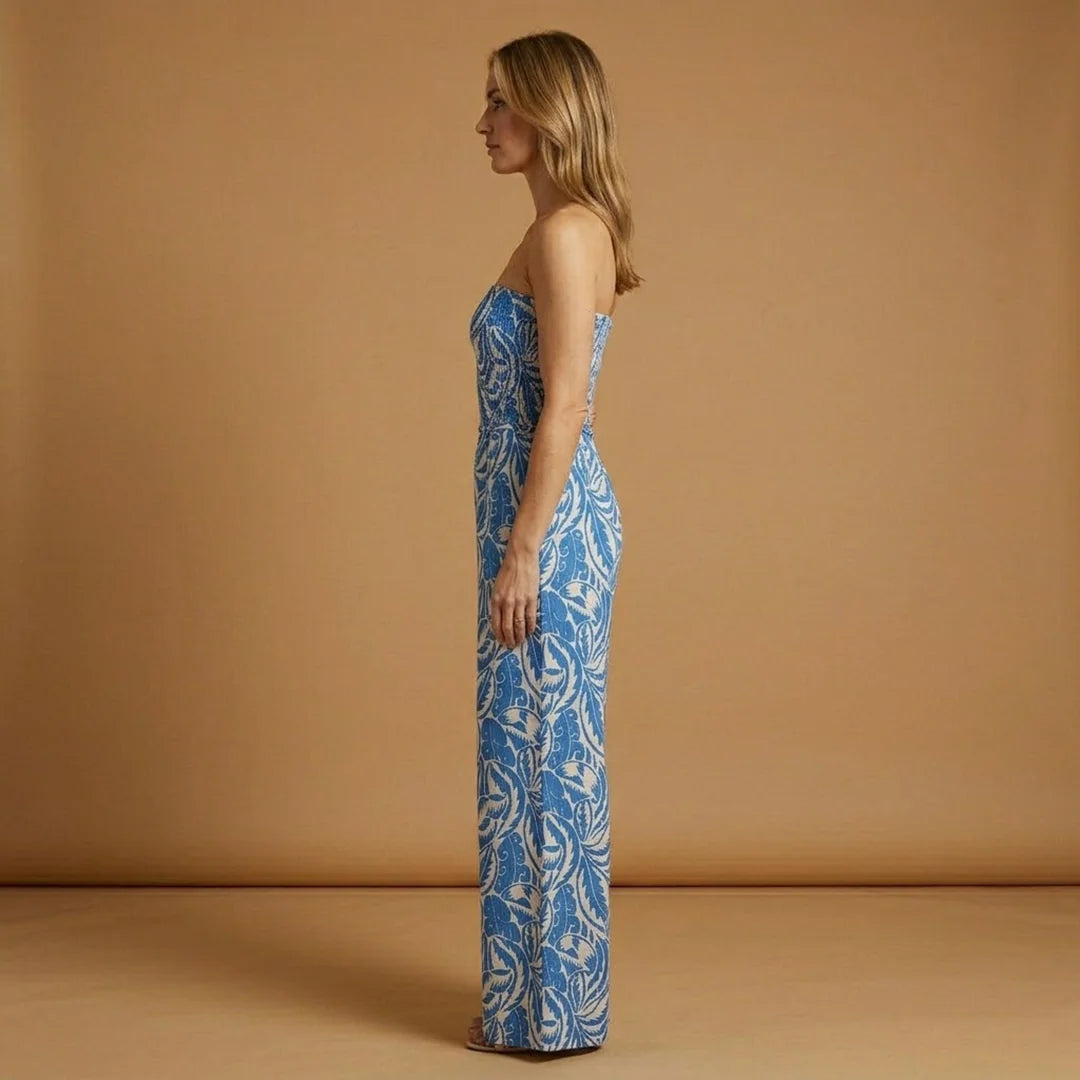 Blue Women's Strapless Wide-Leg Jumpsuit — Serena Smocked Bohemian Printed - Side Profile