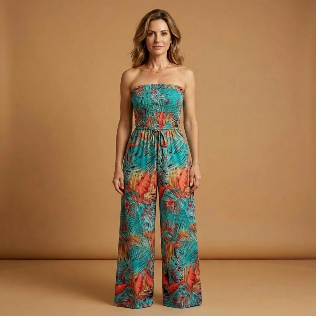 Orange Women's Strapless Wide-Leg Jumpsuit — Serena Smocked Bohemian Printed - Green Front Variant