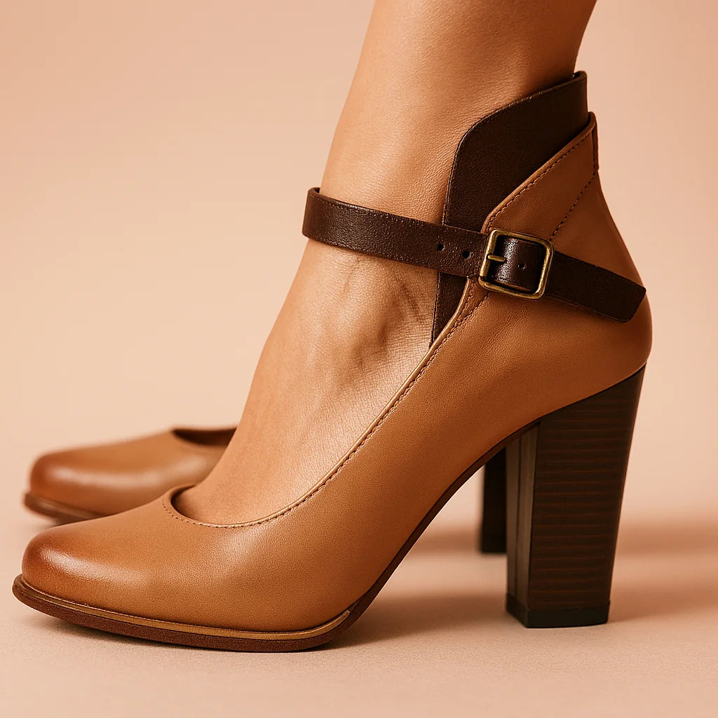 Brown Women's Strappy Block Heel Pumps — Magnolia Ankle Strap Vintage - Side Profile