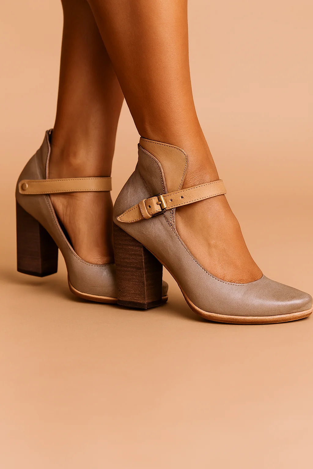 Gray Women's Strappy Block Heel Pumps — Magnolia Ankle Strap Vintage - Back Angle