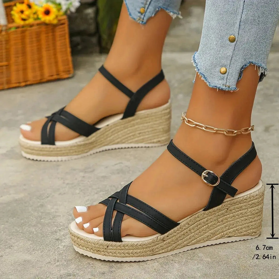 Black Women's Platform Sandals — Henrietta Strappy Espadrille Wedge - Studio Pose