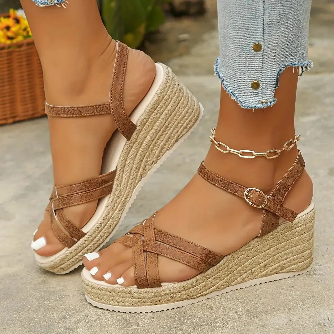 Brown Women's Platform Sandals — Henrietta Strappy Espadrille Wedge - Lifestyle Worn