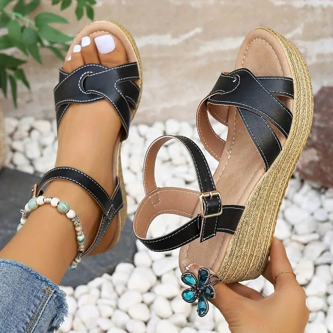 Black Women's Platform Sandals — Ember Strappy Wedge Espadrille - Close Up Straps