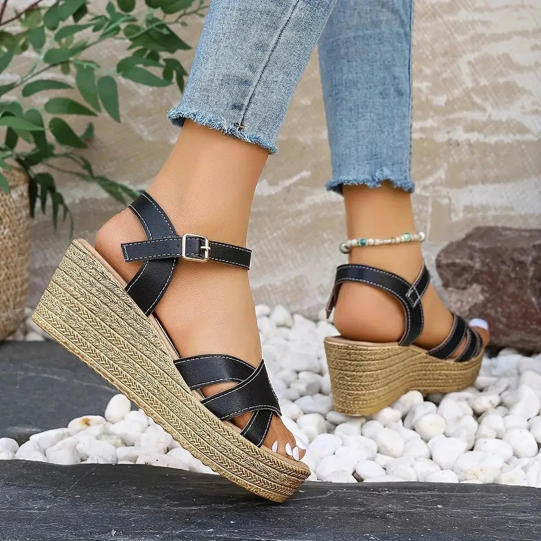Black Women's Platform Sandals — Ember Strappy Wedge Espadrille - Walking Pose