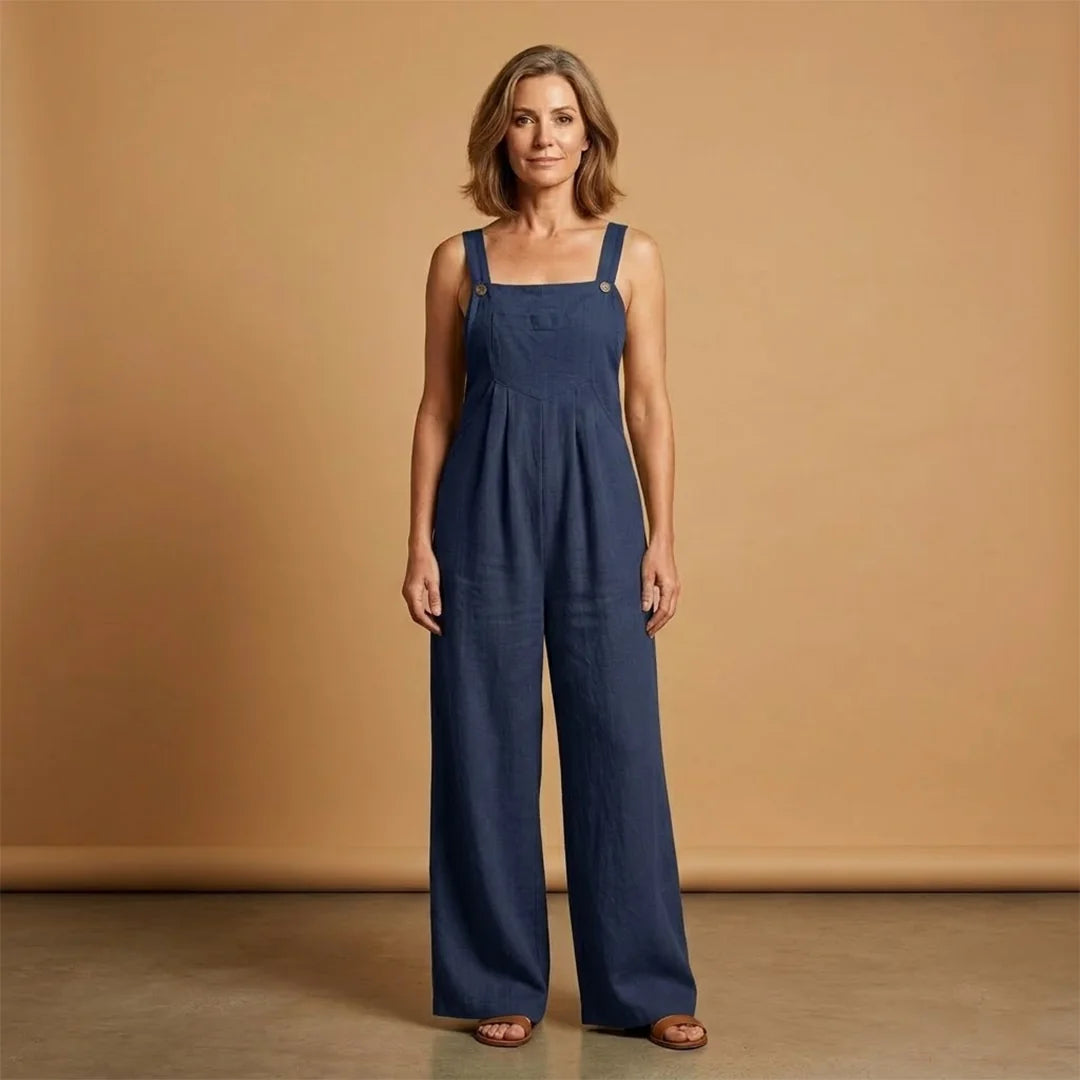 Dark Blue Women's Strappy Wide-Leg Jumpsuit — Holly Adjustable Pockets Linen - Front Navy