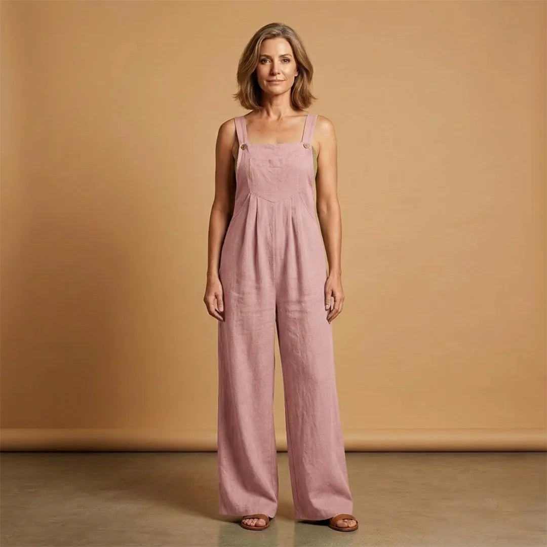 Light Pink Women's Strappy Wide-Leg Jumpsuit — Holly Adjustable Pockets Linen - Front Studio