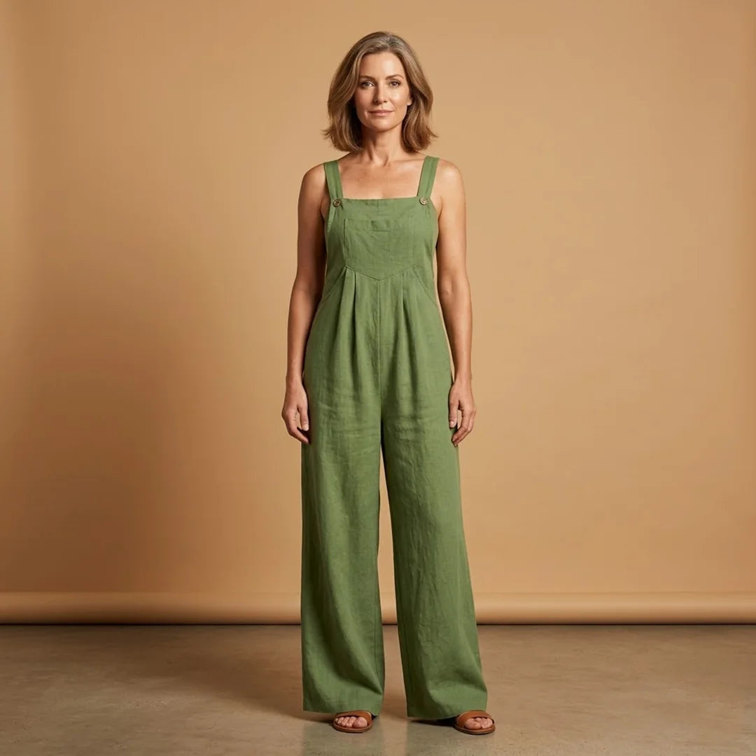 Olive Green Women's Strappy Wide-Leg Jumpsuit — Holly Adjustable Pockets Linen - Front Full