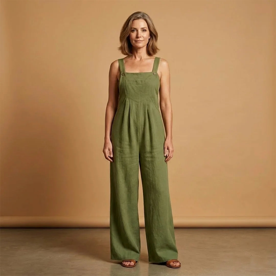 Olive Green Women's Strappy Wide-Leg Jumpsuit — Holly Adjustable Pockets Linen - Front Repeat