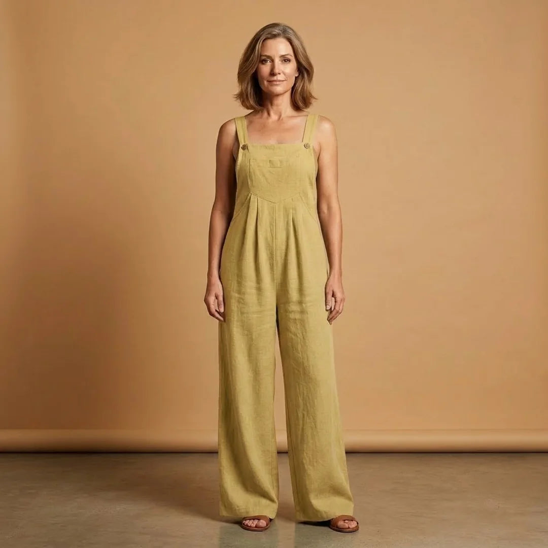 Yellow Women's Strappy Wide-Leg Jumpsuit — Holly Adjustable Pockets Linen - Front