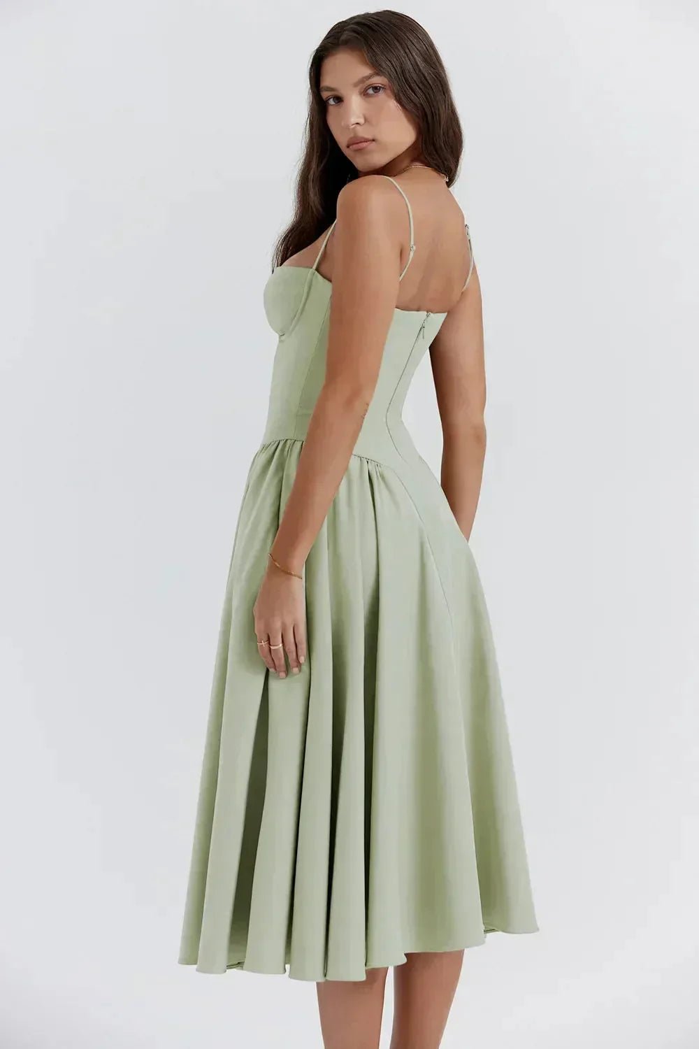 Mia | Elegant Bustier Fit and Flare Dress with Corset Detail - Light Green - 2