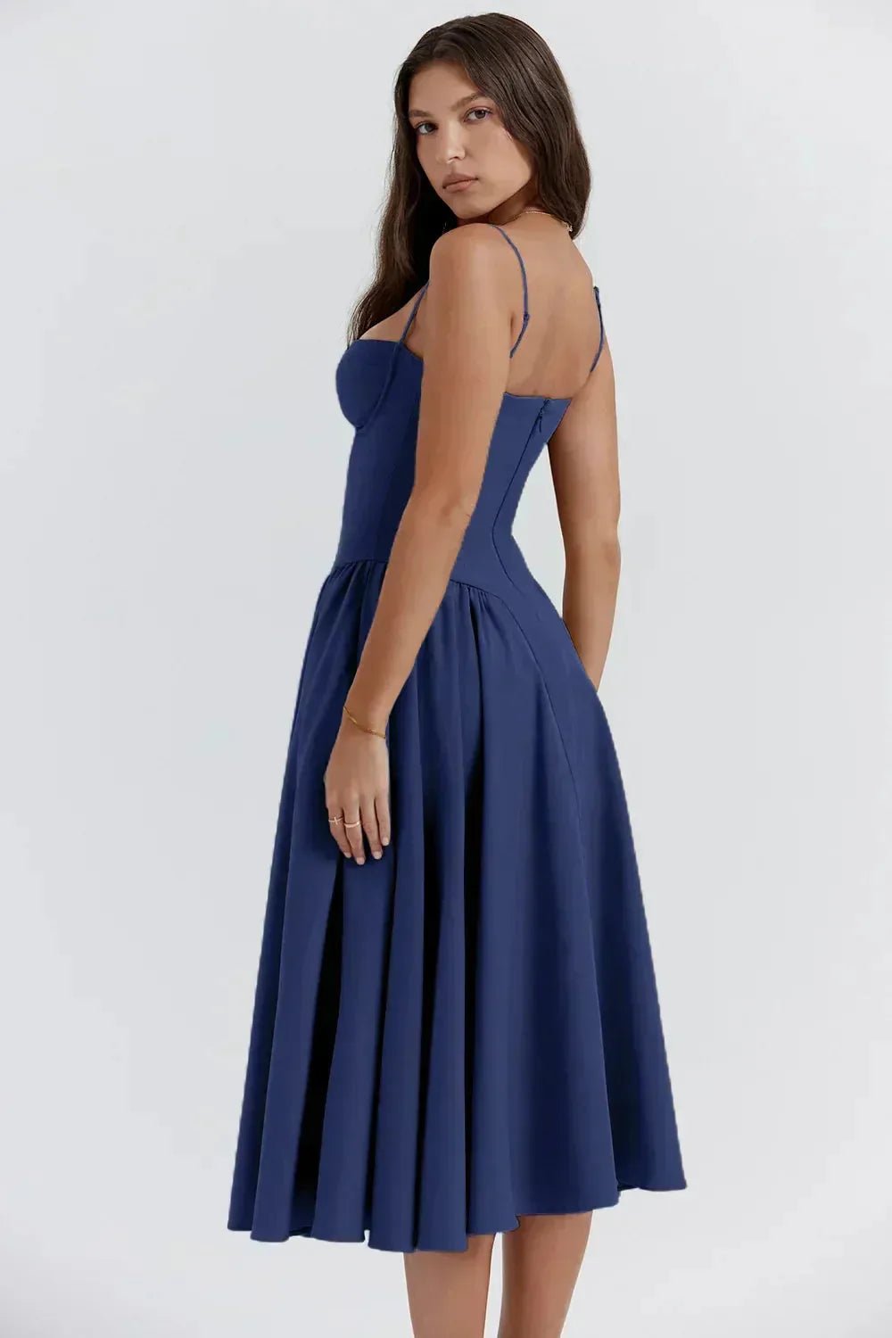 Vivienne | Elegant Structured Bustier Midi Dress - Navy Blue - 5