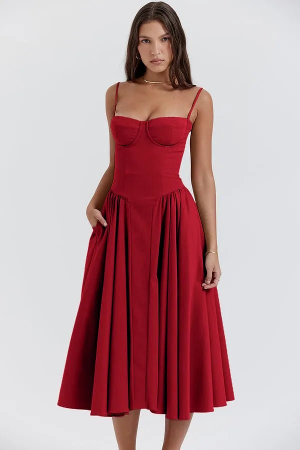Vivienne | Elegant Structured Bustier Midi Dress - Red - 7