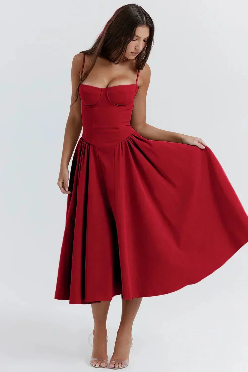 Vivienne | Elegant Structured Bustier Midi Dress - Red - 8