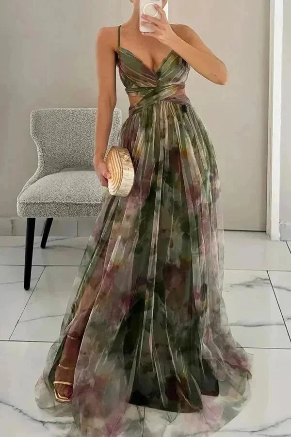 Dark Green Women's Summer Wedding Guest V-Neck Maxi Dress — Fleur Tie Detail Flowy - Front Full