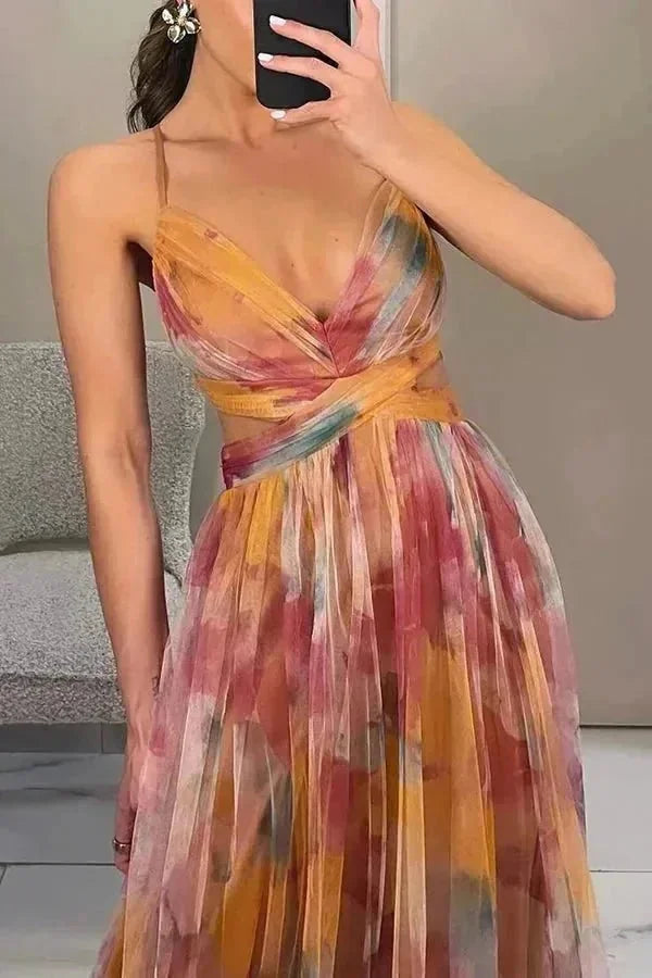 Peach Women's Summer Wedding Guest V-Neck Maxi Dress — Fleur Tie Detail Flowy - Front Close