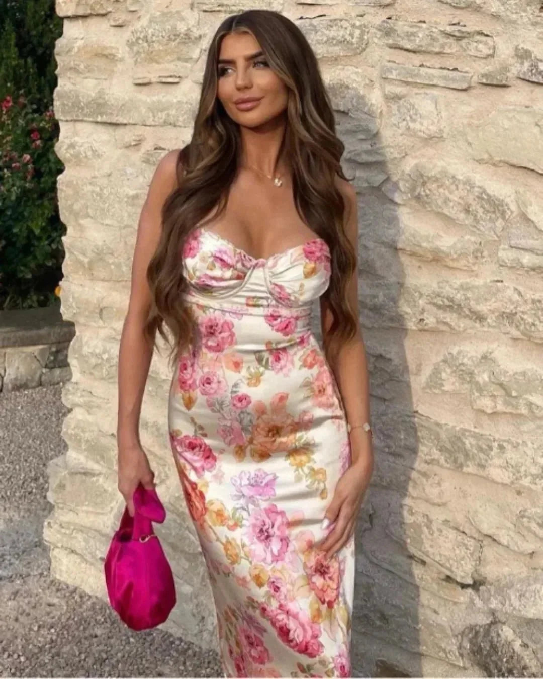 Floral Women's Floral Sweetheart Wedding Guest Dress — Zoe Midi Bodycon Satin - Outdoor Lifestyle