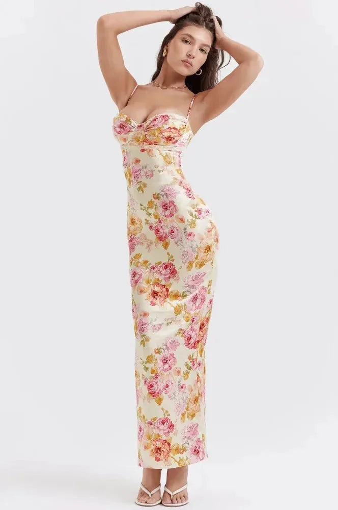 Floral Women's Floral Sweetheart Wedding Guest Dress — Zoe Midi Bodycon Satin - Side Pose