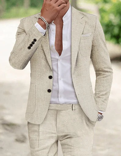 Cream Elegant Men's Linen Two Piece Summer Suit - Studio Pose