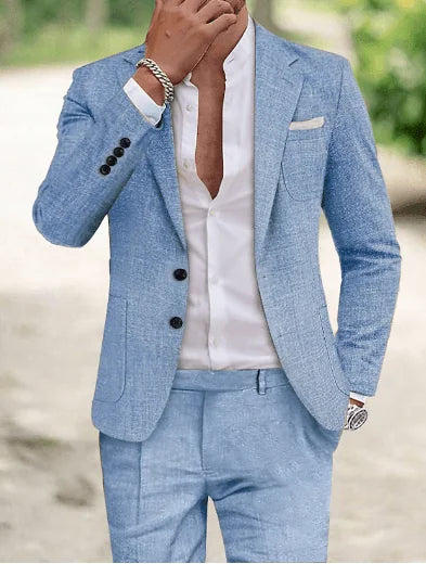 Light Blue Elegant Men's Linen Two Piece Summer Suit - Outdoor Casual