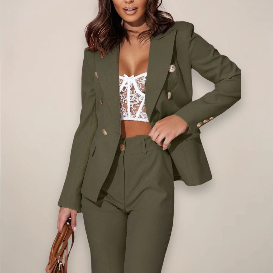 Army Women's Tailored Two Piece Blazer Suit with Pants — Orla Double-Breasted - Green Front Alt