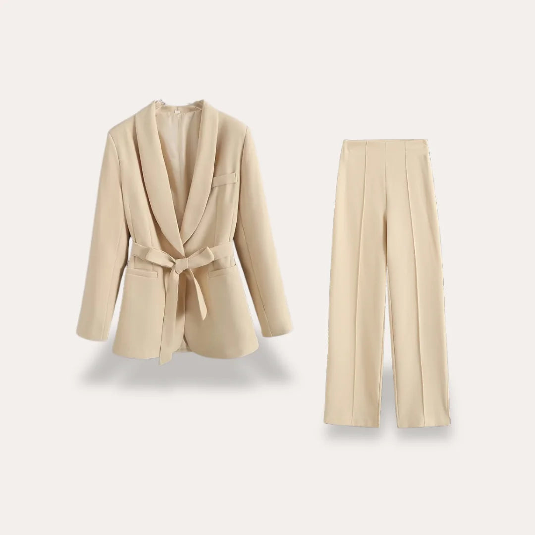 Beige Women's Tailored Blazer Suit with Wide-Leg Pants — Sable Belted Two-Piece - Flat Lay