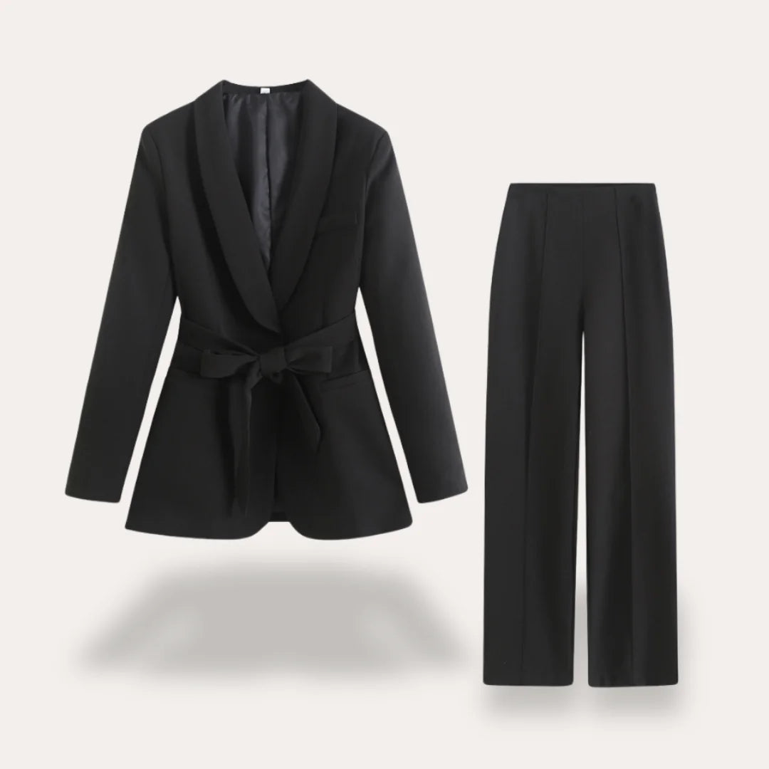 Black Women's Tailored Blazer Suit with Wide-Leg Pants — Sable Belted Two-Piece - Flat Lay Set