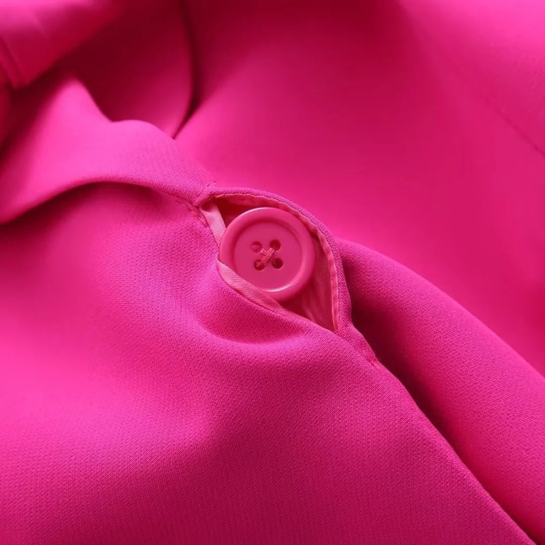 Pink Women's Tailored Blazer Suit with Wide-Leg Pants — Sable Belted Two-Piece - Button Detail