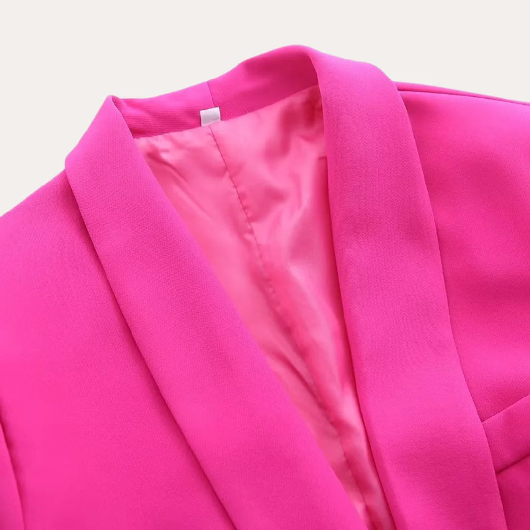 Pink Women's Tailored Blazer Suit with Wide-Leg Pants — Sable Belted Two-Piece - Close Up Lapel