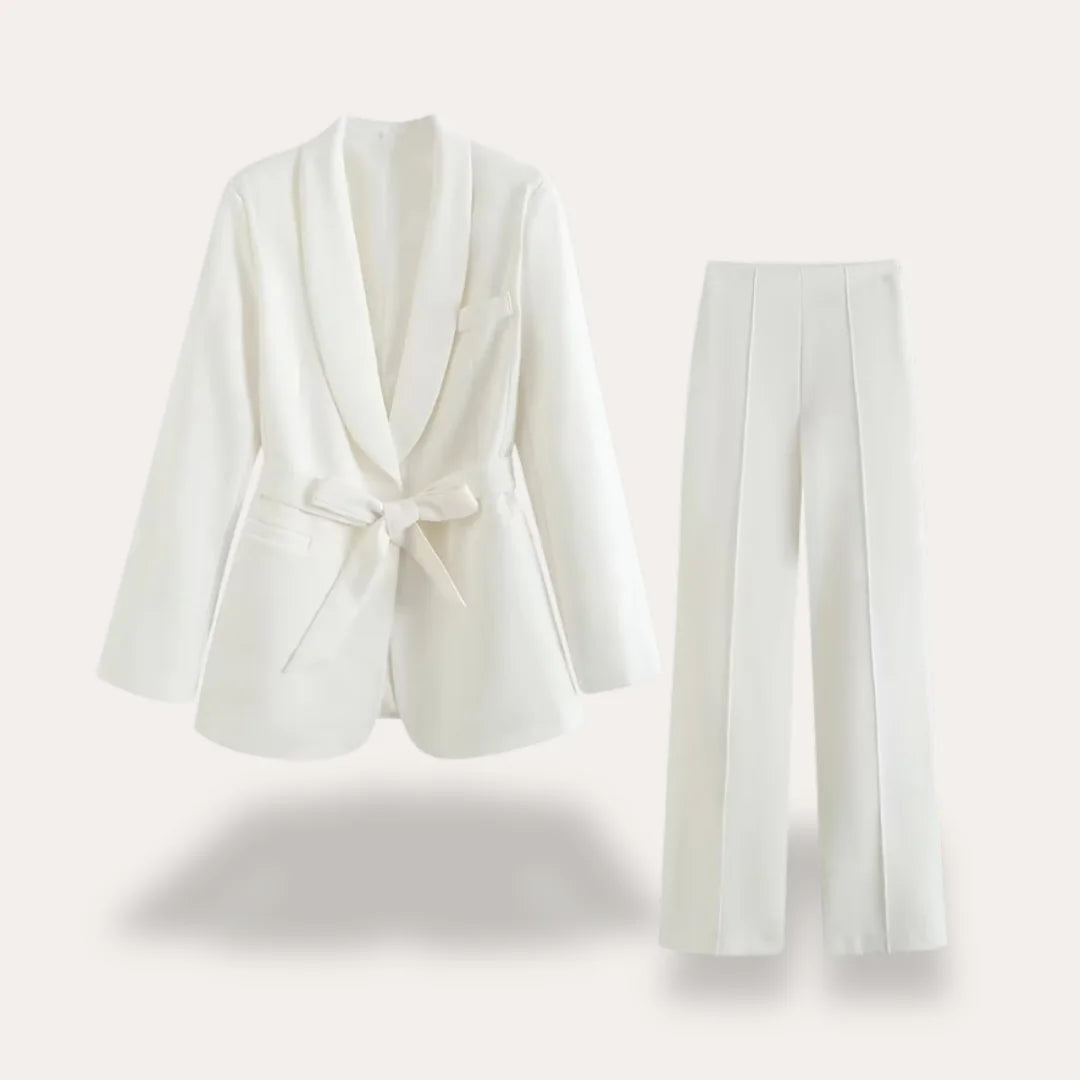 White Women's Tailored Blazer Suit with Wide-Leg Pants — Sable Belted Two-Piece - Flat Lay Set