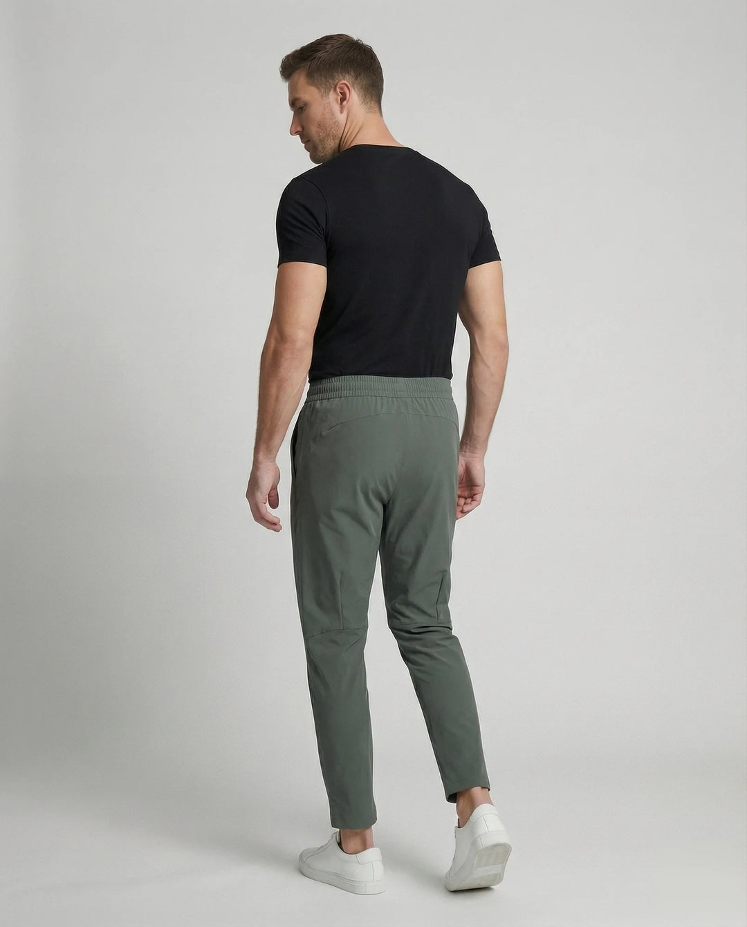 Military Green Tapered Men's Joggers with Elastic Waist - Back Pose