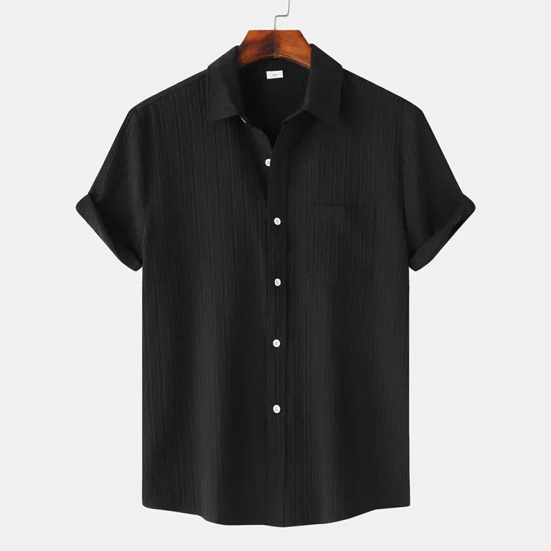 Black Men's Textured Linen Shirt — Delphine Short Sleeve Button-Front - Front Display