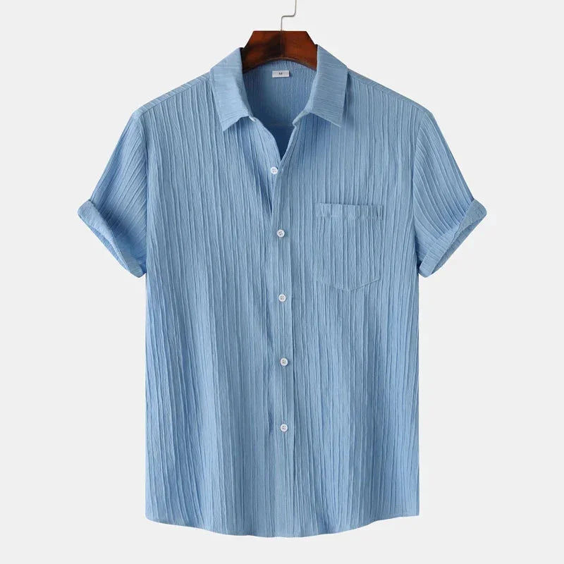 Blue Men's Textured Linen Shirt — Delphine Short Sleeve Button-Front - Front View