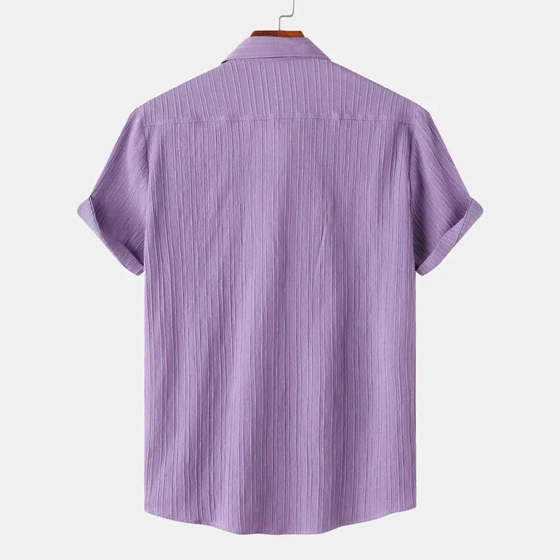 Purple Men's Textured Linen Shirt — Delphine Short Sleeve Button-Front - Back Full