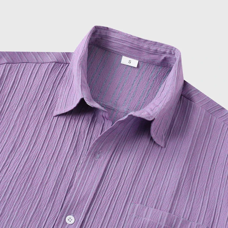 Purple Men's Textured Linen Shirt — Delphine Short Sleeve Button-Front - Close Up Collar