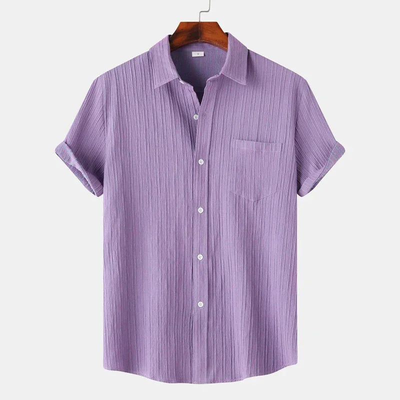 Purple Men's Textured Linen Shirt — Delphine Short Sleeve Button-Front - Front Full