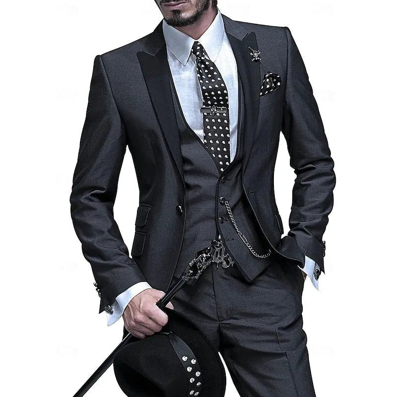 Rafael | Elegant Men's Three Piece Suit with Black Lapels - Dark Gray - 4