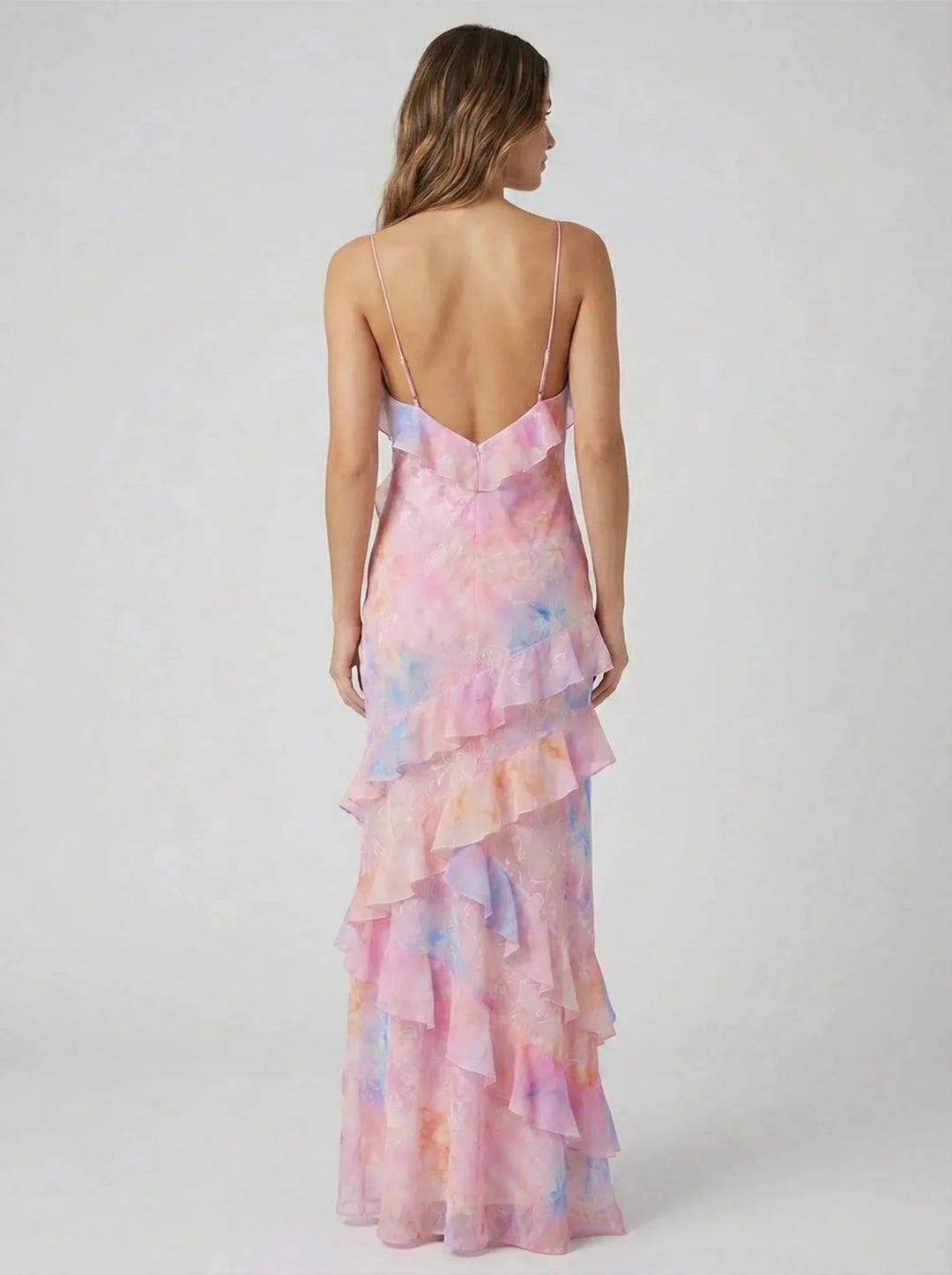 Sophia | Elegant Tiered Ruffle V - Neck Maxi Dress - Pink - 2