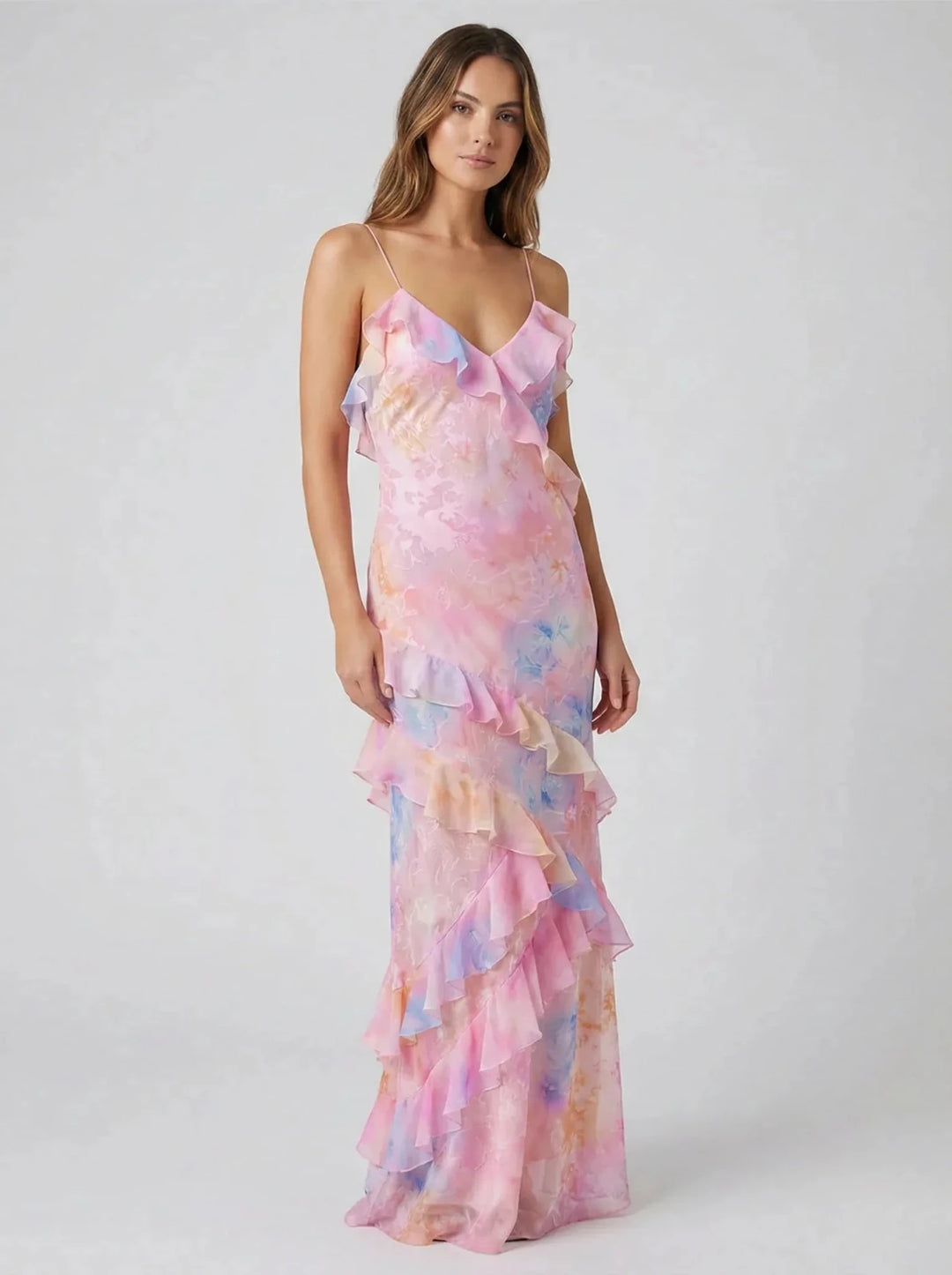 Sophia | Elegant Tiered Ruffle V - Neck Maxi Dress - Pink - 1
