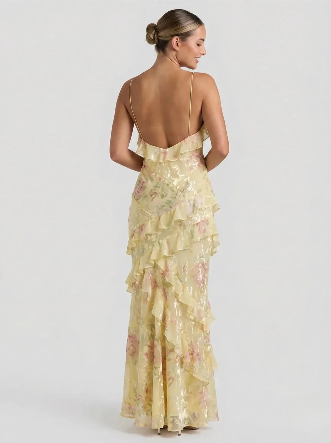 Sophia | Elegant Tiered Ruffle V - Neck Maxi Dress - Yellow - 5