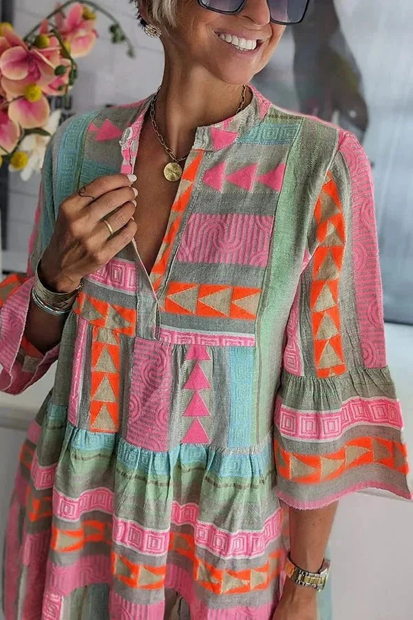 Multicolor Women's Tiered V-Neck Beach Dress — Beatrix Bell Sleeve Bohemian - Close Up Neckline