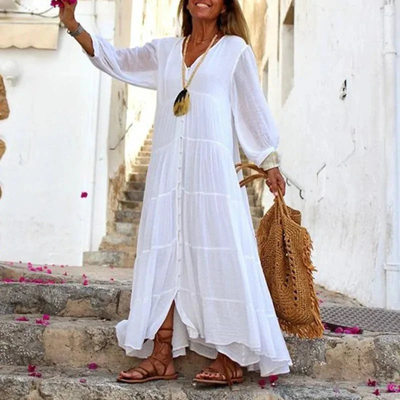 White Women's White Tiered V-Neck Beach Dress — Natalie Long Sleeve Boho - Front Full