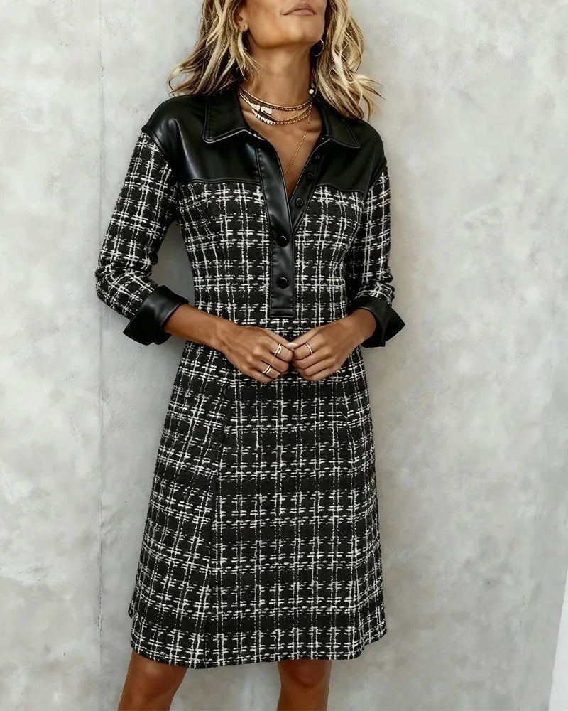 Freya | Chic Tweed A - Line Shirt Dress With Leather Trim - Black - 2