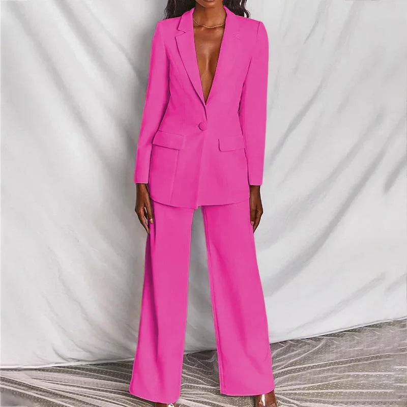 Hot Pink Women's Two Piece Blazer Suit with Pants — Delia Wide-Leg Tailored - Front Studio