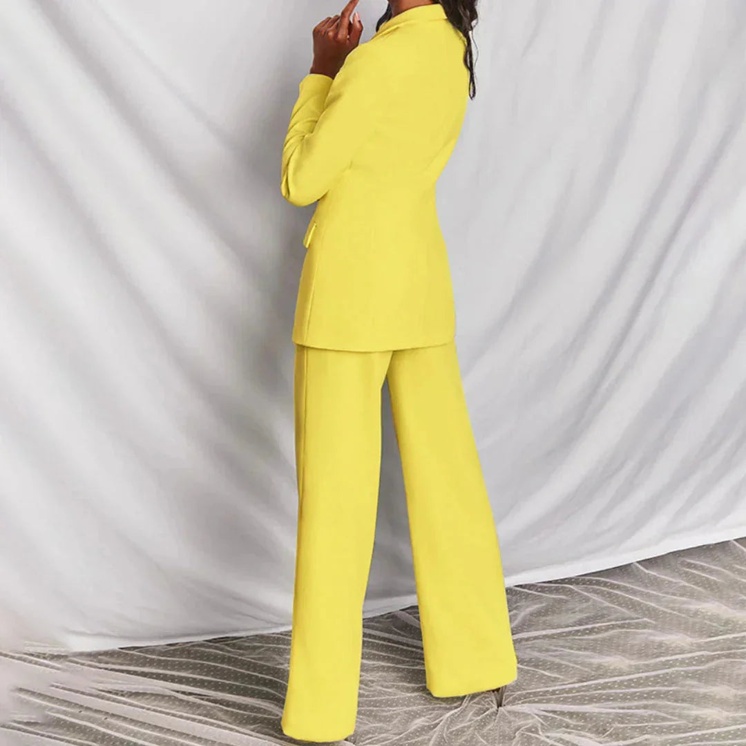 Yellow Women's Two Piece Blazer Suit with Pants — Delia Wide-Leg Tailored - Back Full