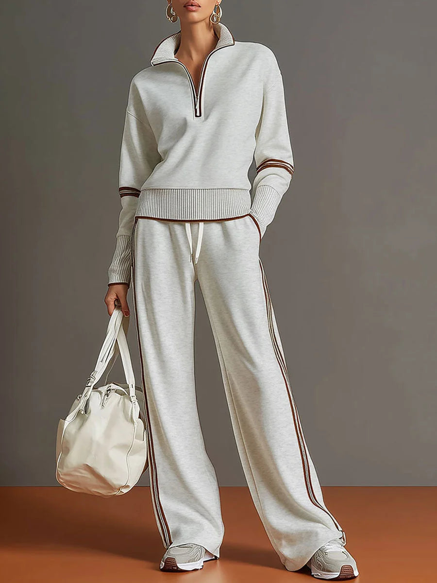 Gray Women's Two Piece Set Wide Leg Pants and Blouse — Philippa Half-Zip Striped - White Front Full Bag